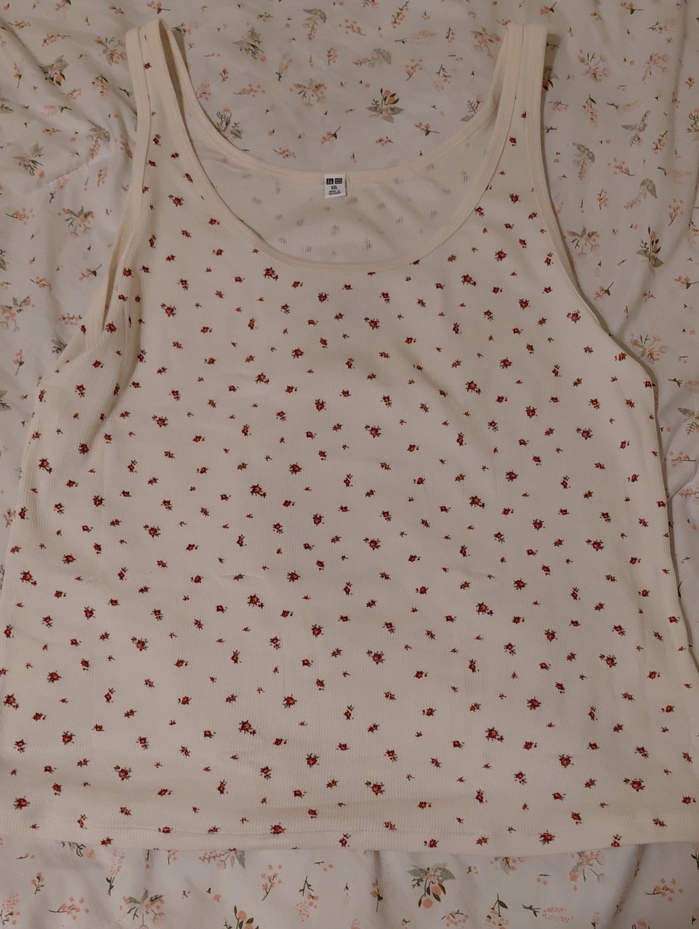 Uniqlo Cream Tank Top with Small Red Floral Print